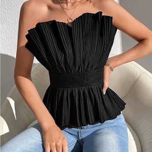 EFJONE Womens Tops Black Ruffle Hem Pleated Tube Sleeveless Top Corset Top